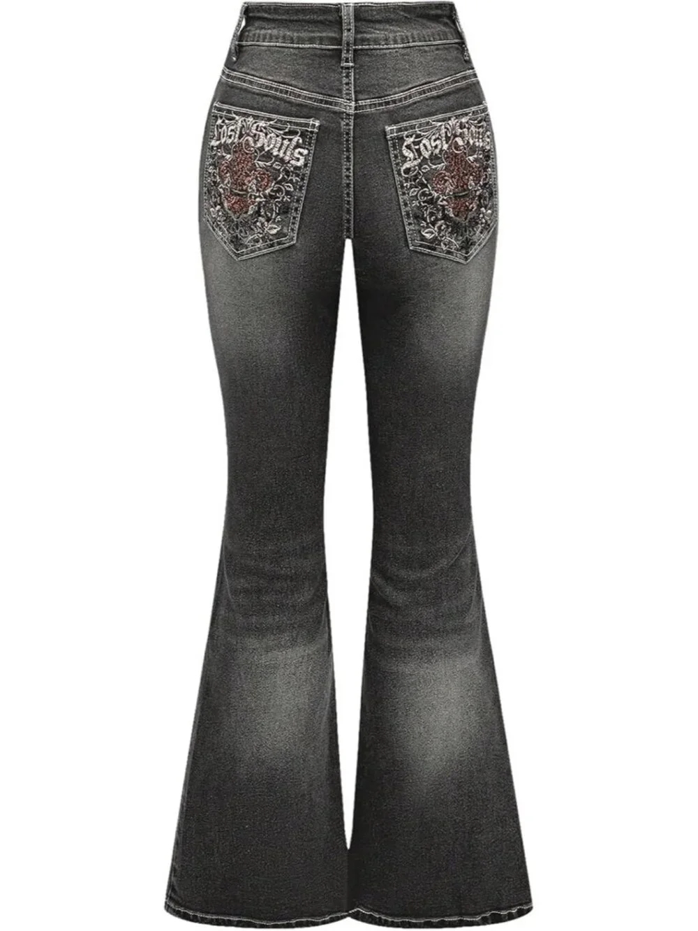Women's Black Denim Pant Pull On Y2k Goth High Waist Mid Rise Bell Bottom Jeans